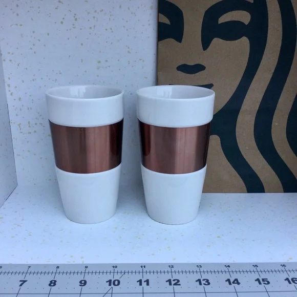 Starbucks Copper Band Tumbler Mug Ceramic 2012 White 10 Oz Mermaid Logo Cups - Picture 4 of 9
